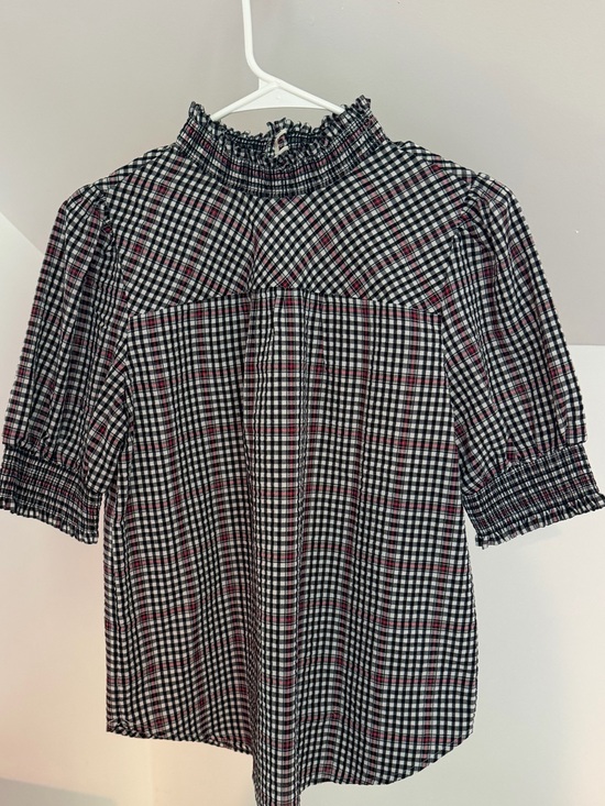 LOFT Tops - LOFT Black & White Plaid Smocked Neck Blouse with Red Accent size xs